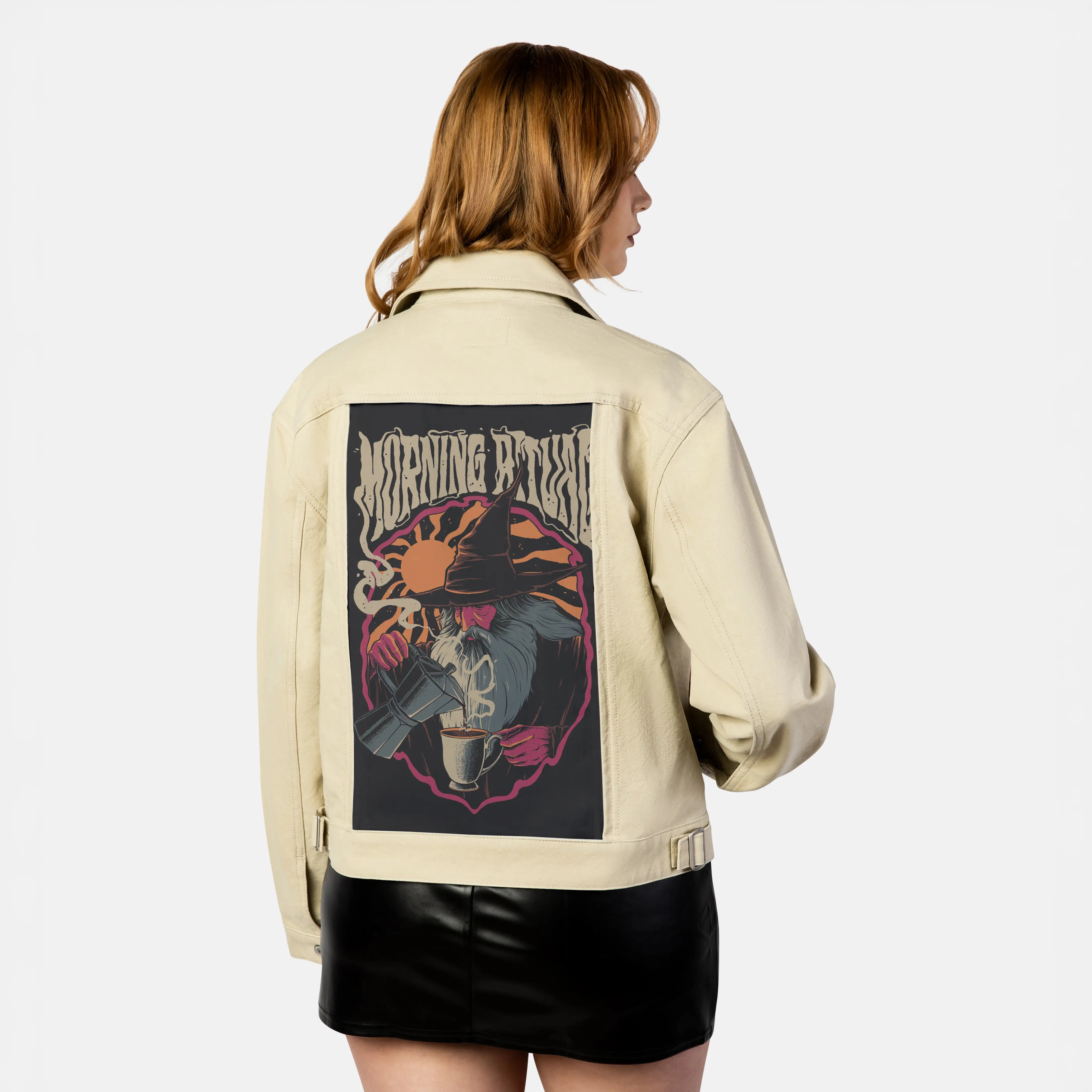 morningritual patch on female atelier canvas jacket in tan