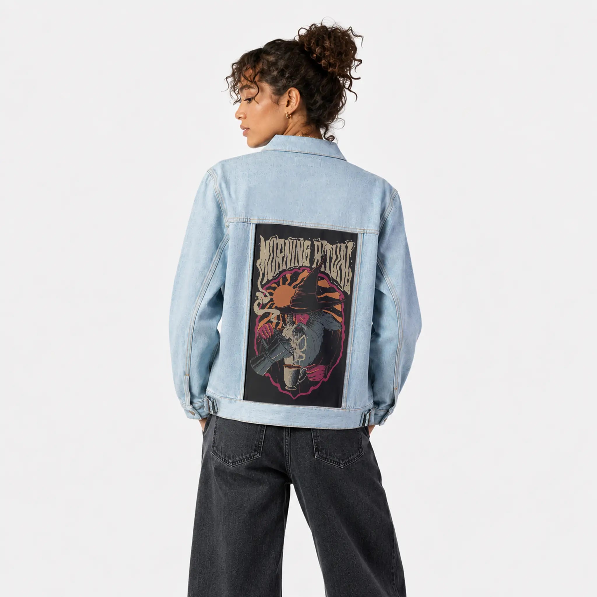 morningritual patch on female og denim jacket in oceanside