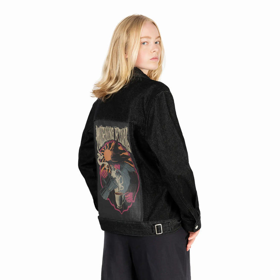 morningritual patch on female og denim jacket in raven
