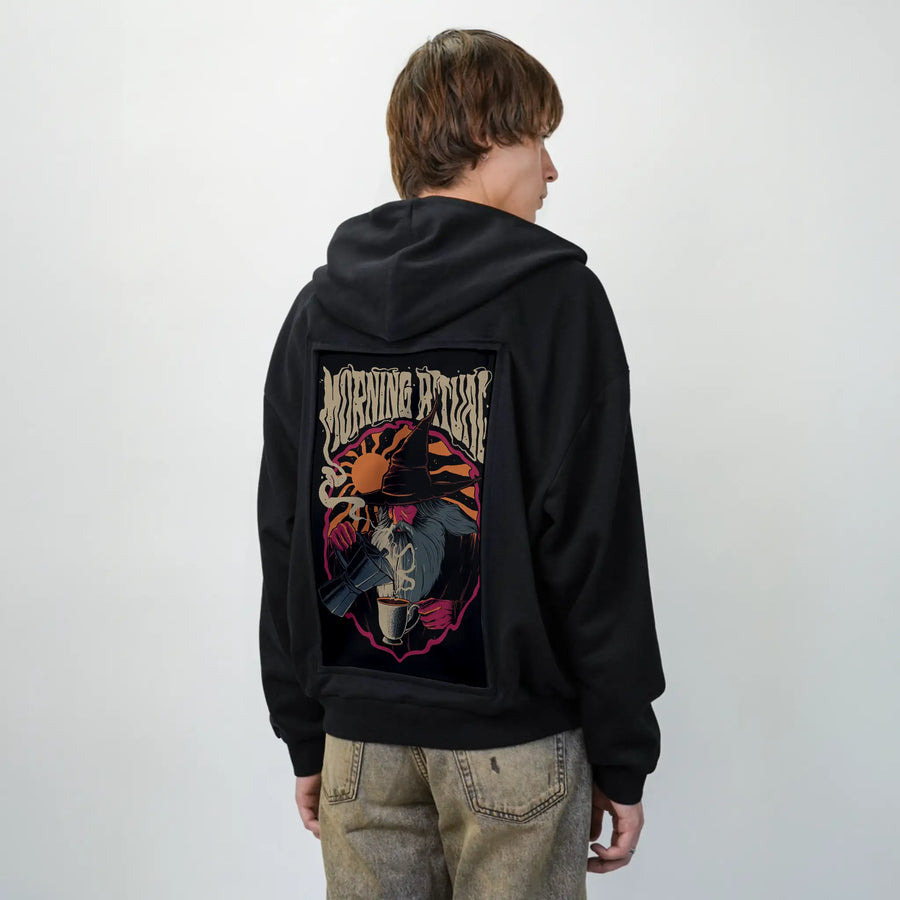 morningritual patch on male essential zip hoodie in after hours