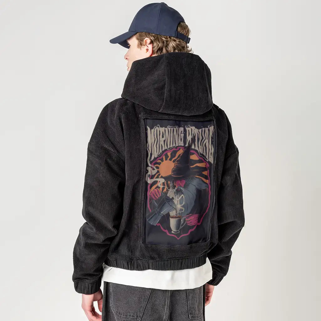 morningritual patch on male retro cord hoodie in onyx