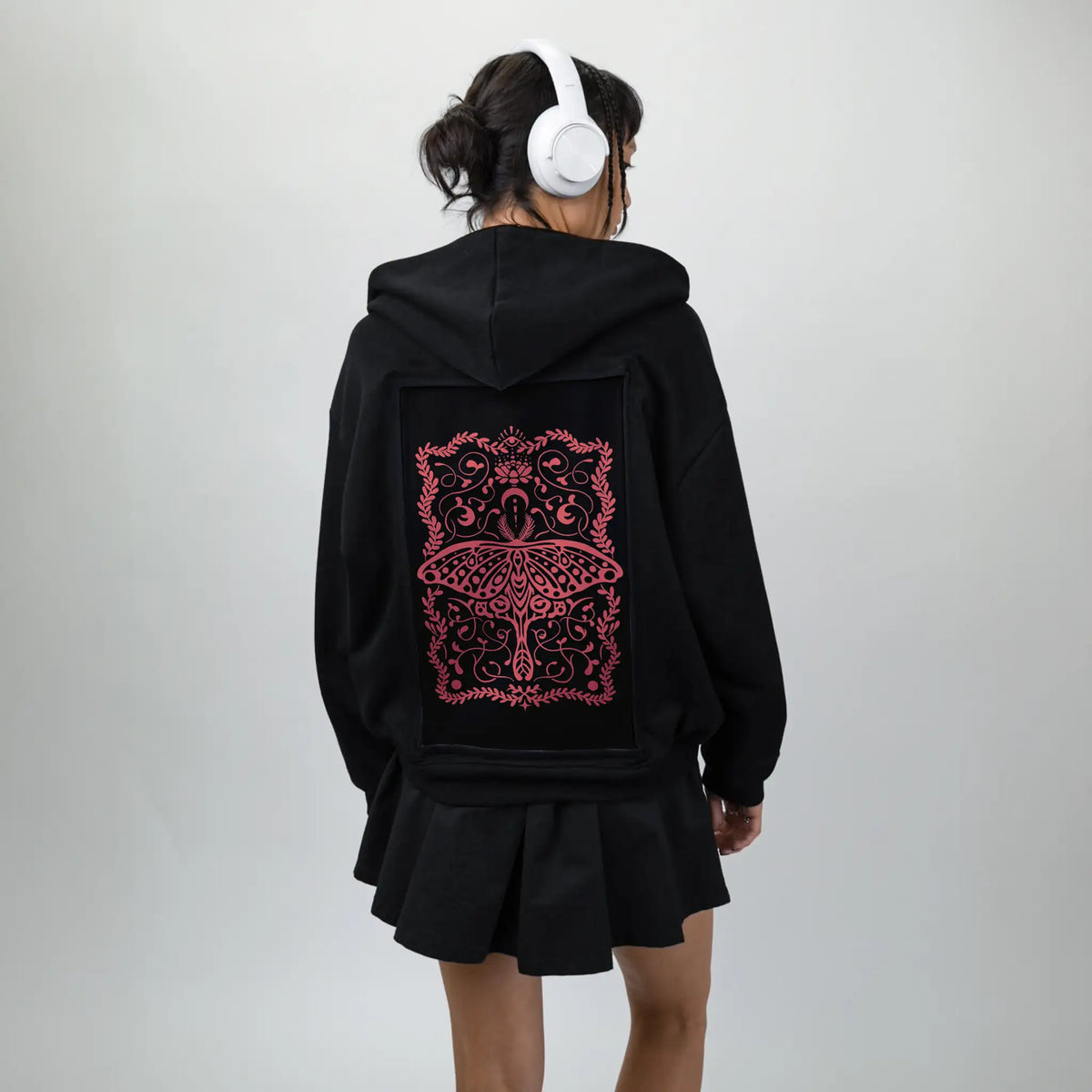 moth patch on female essential zip hoodie in after hours