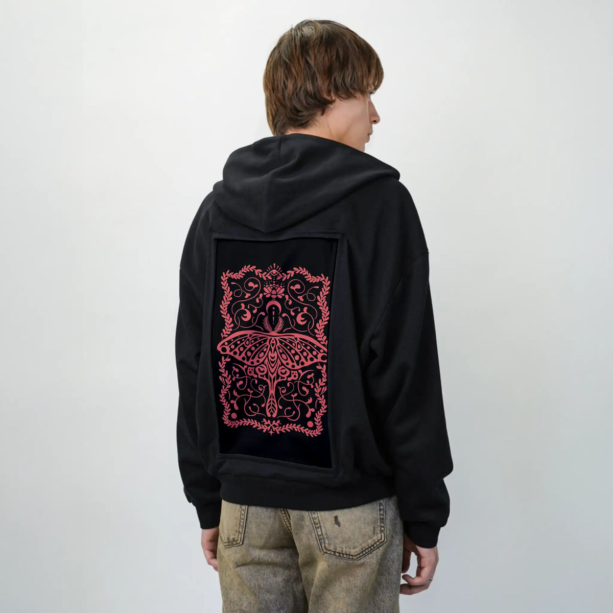 moth patch on male essential zip hoodie in after hours