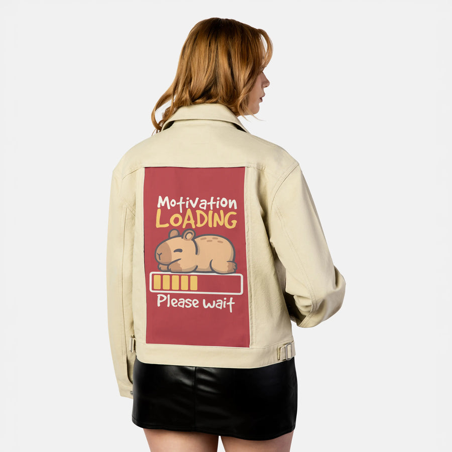 motivationloading patch on female atelier canvas jacket in tan