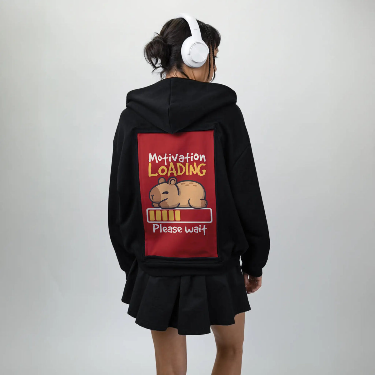 motivationloading patch on female essential zip hoodie in after hours