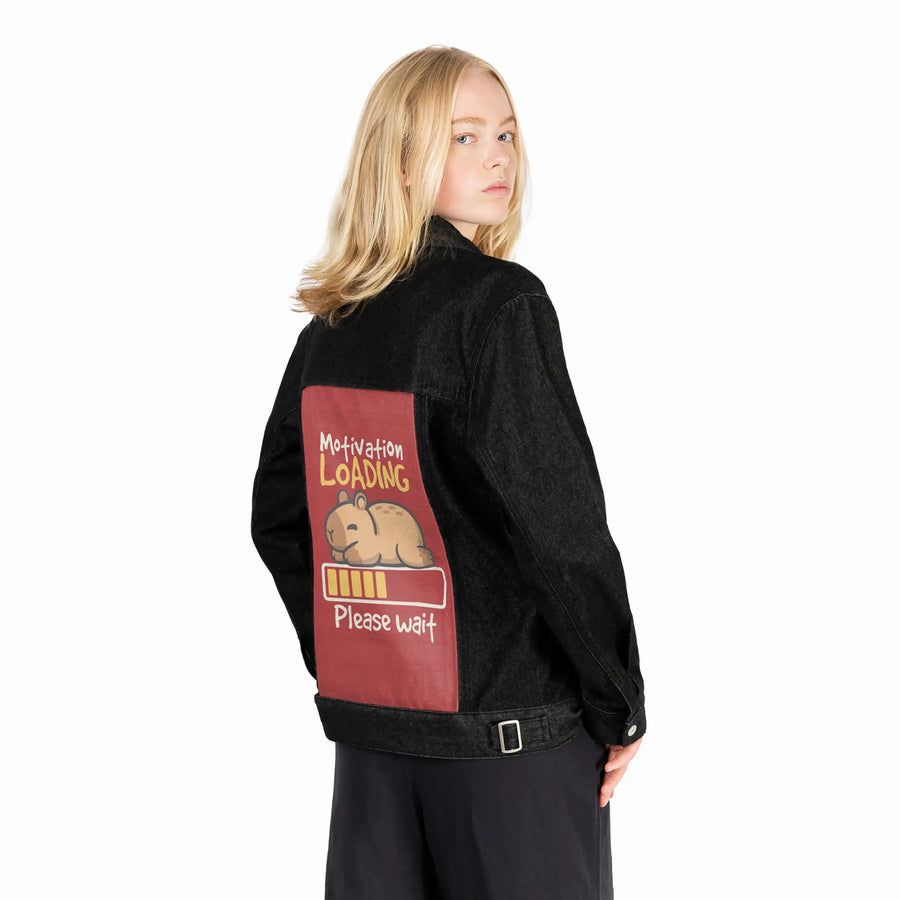 motivationloading patch on female og denim jacket in raven