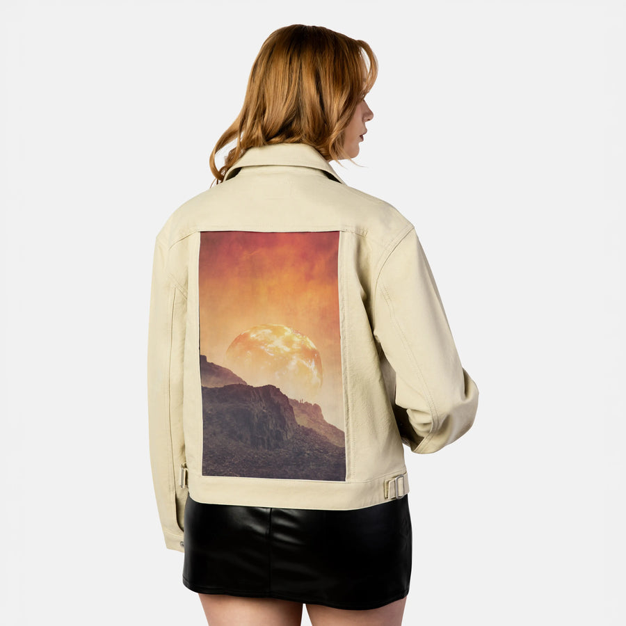 mountainsonmars patch on female atelier canvas jacket in tan