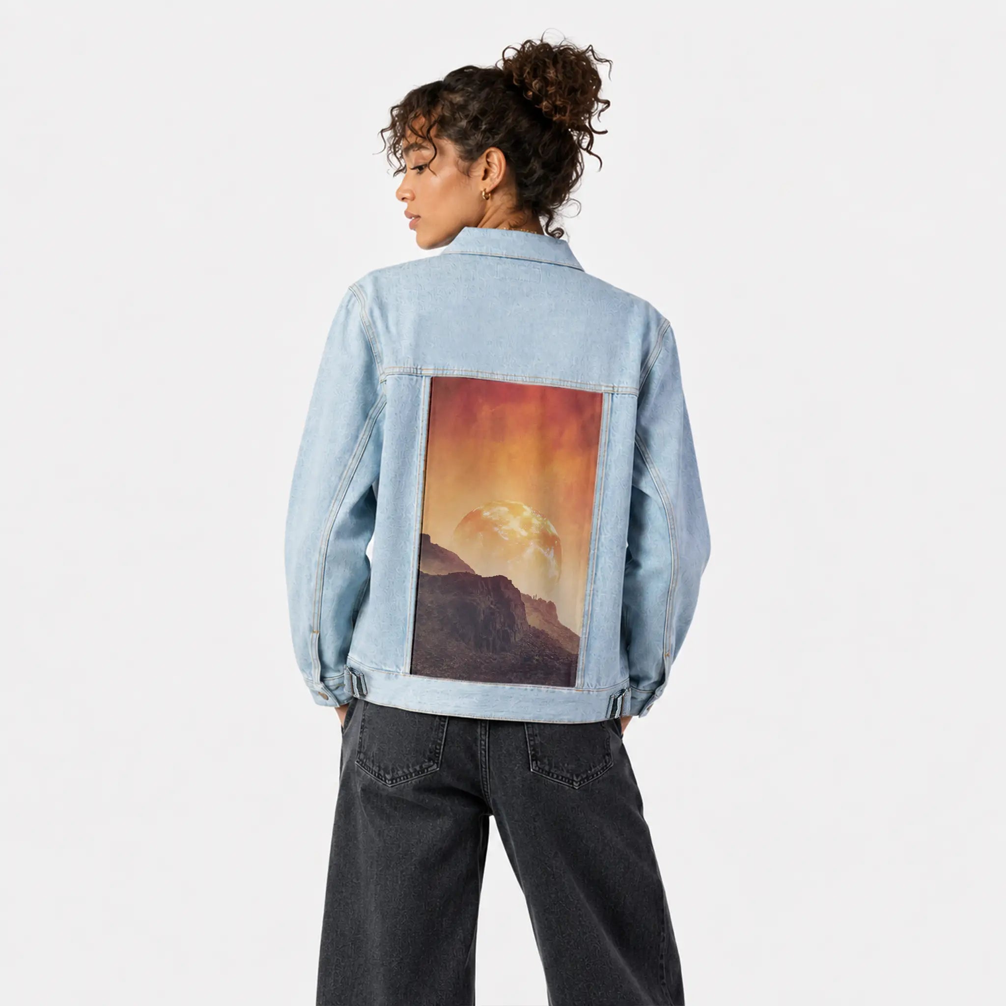 mountainsonmars patch on female og denim jacket in oceanside