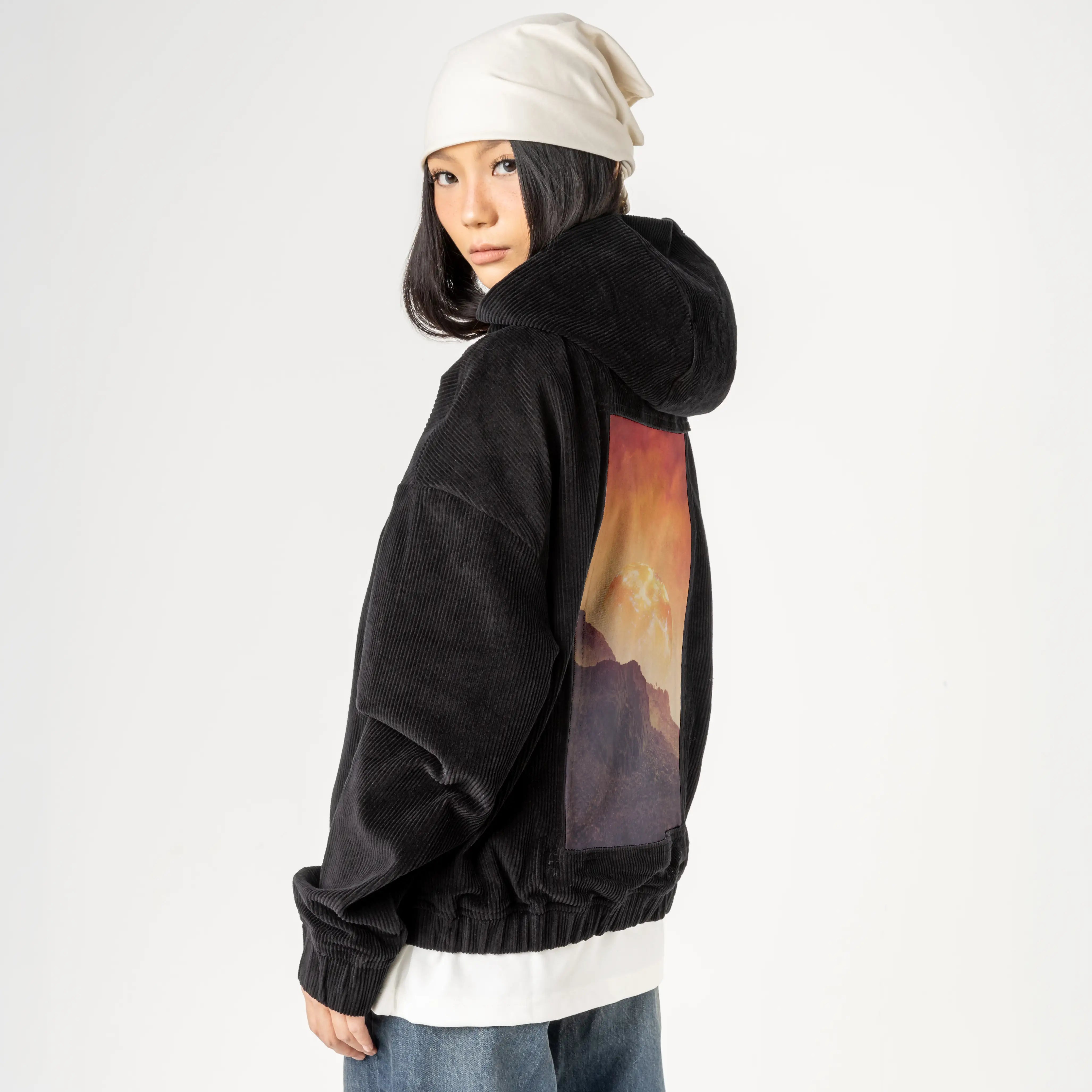mountainsonmars patch on female retro cord hoodie in onyx