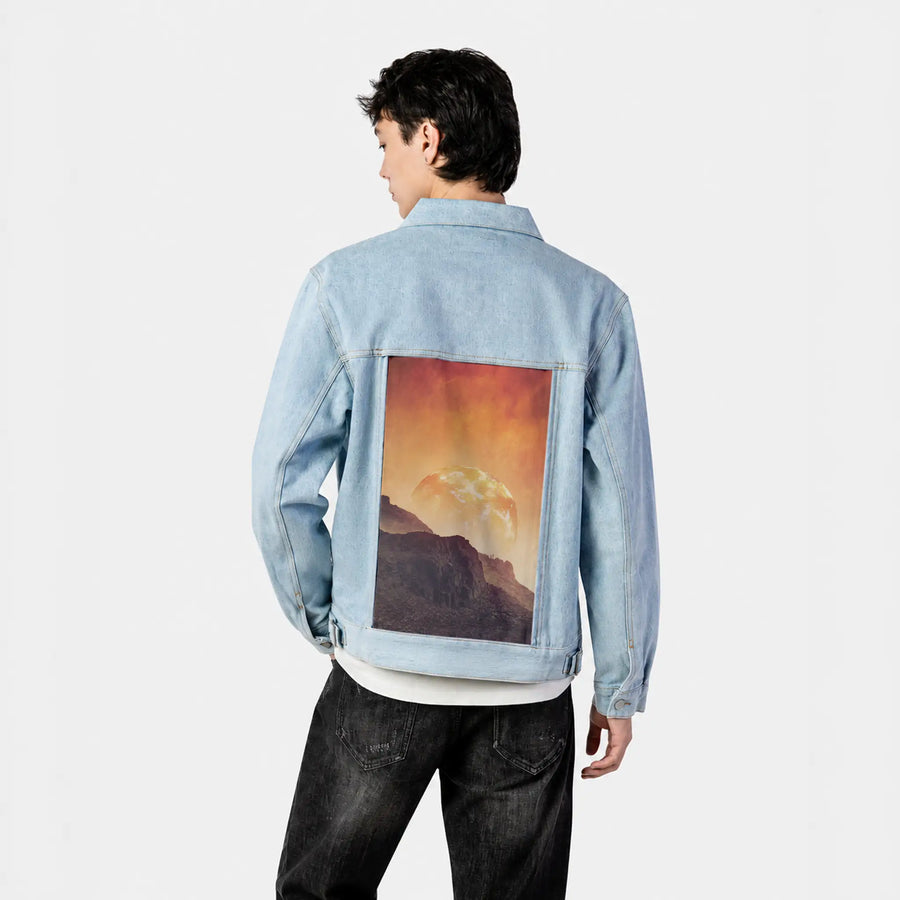 mountainsonmars patch on male og denim jacket in oceanside
