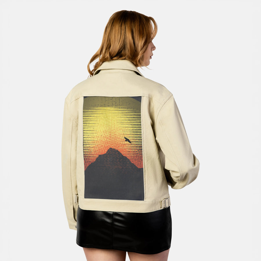 mountainsunset patch on female atelier canvas jacket in tan