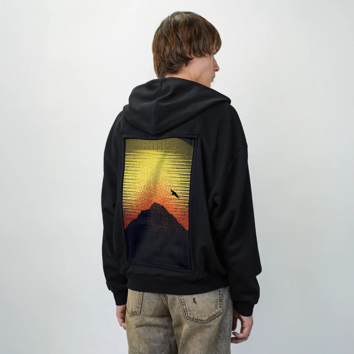 mountainsunset patch on male essential zip hoodie in after hours