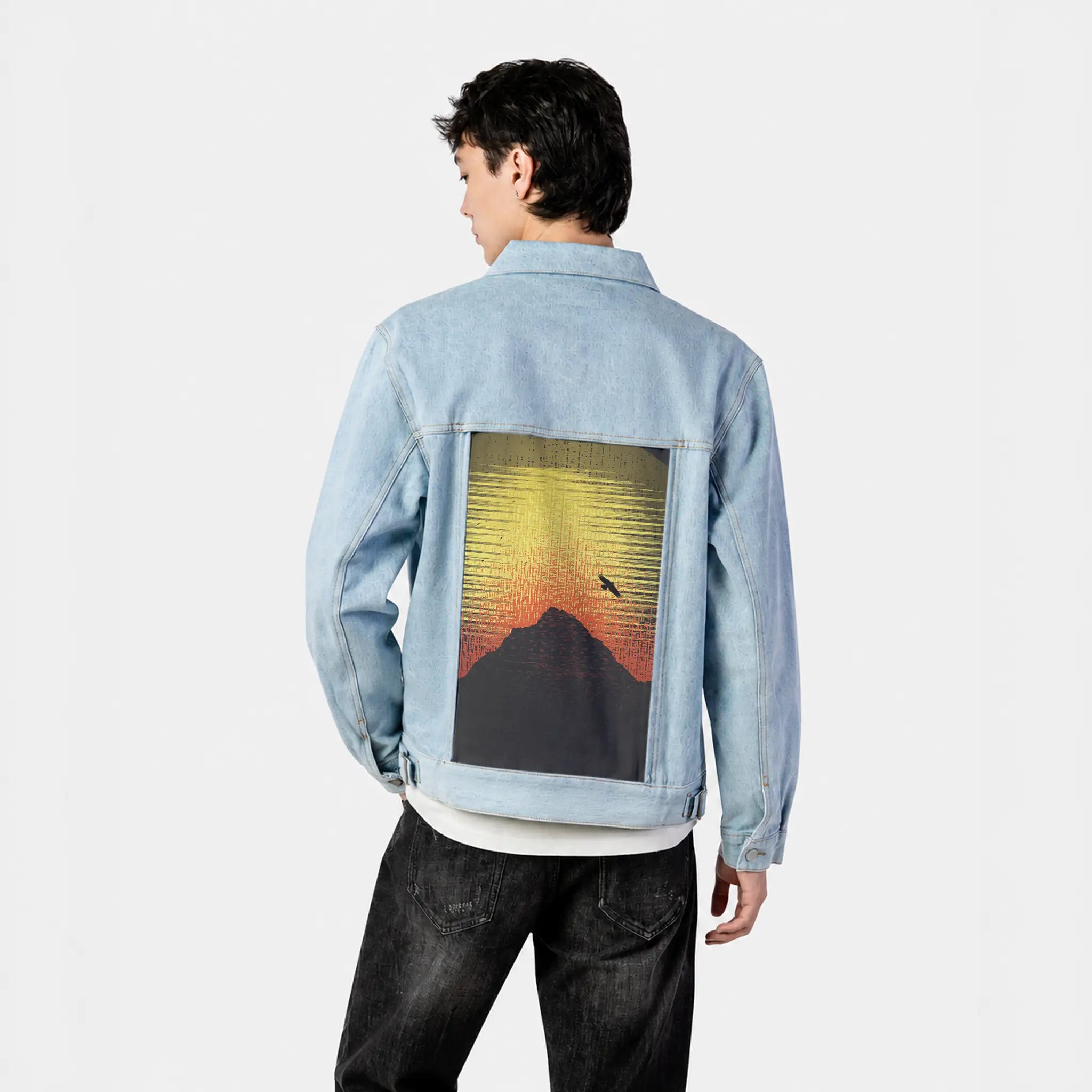 mountainsunset patch on male og denim jacket in oceanside