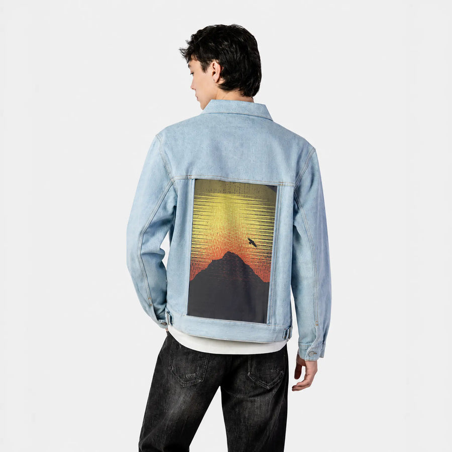 mountainsunset patch on male og denim jacket in oceanside