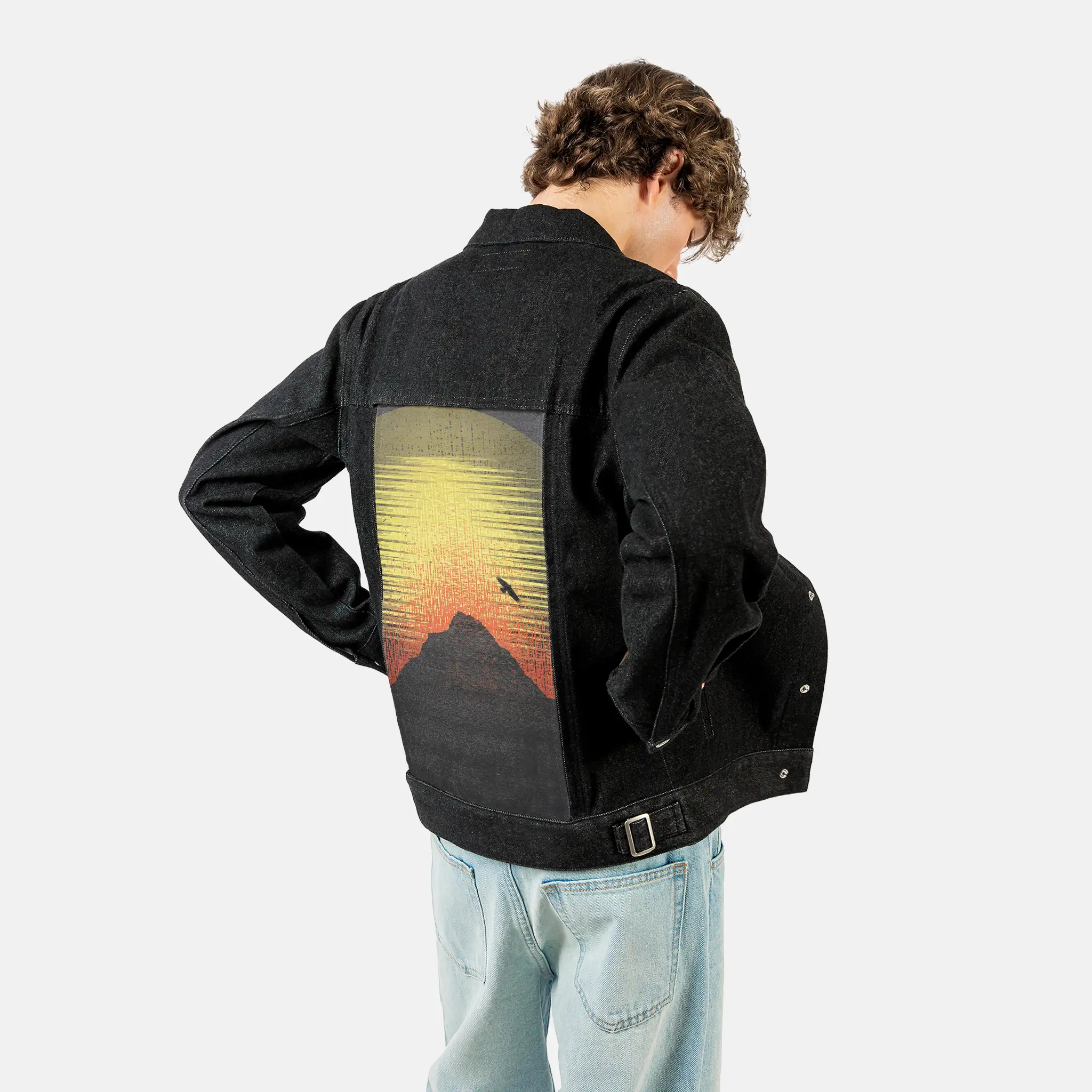 mountainsunset patch on male og denim jacket in raven