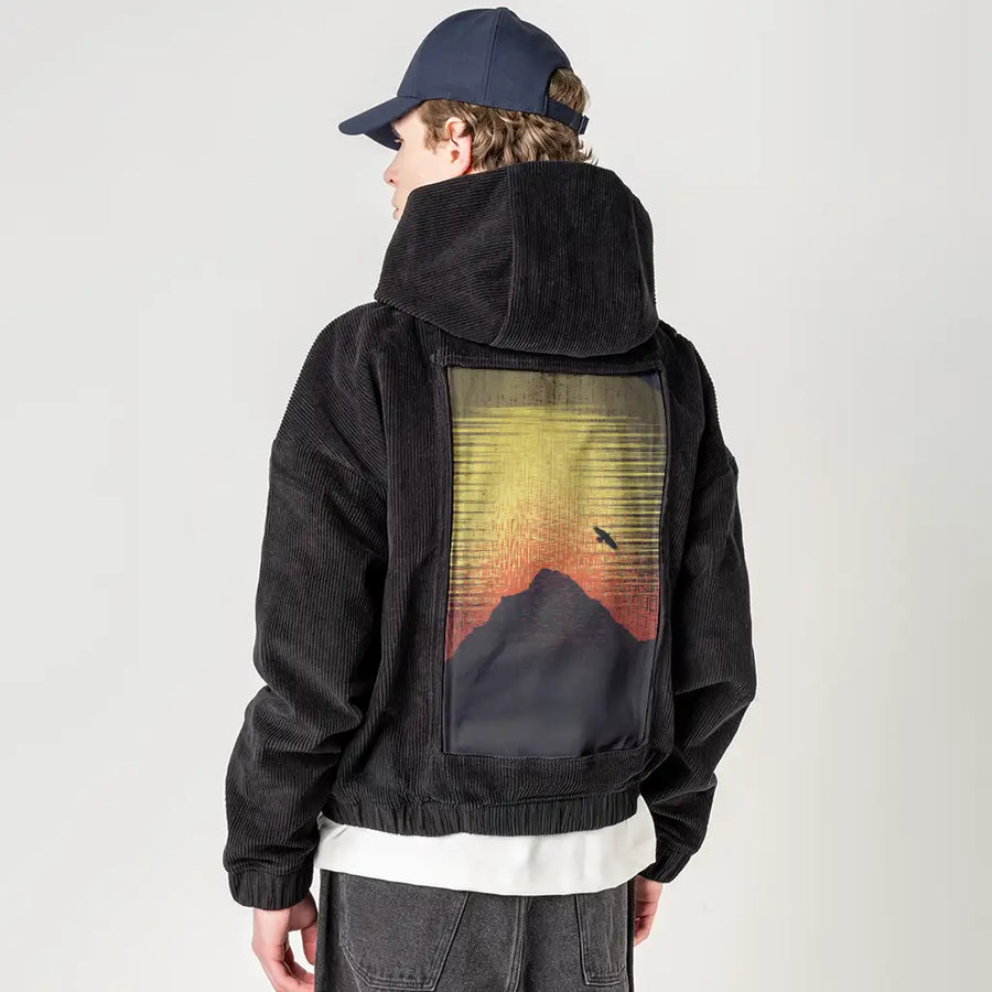 mountainsunset patch on male retro cord hoodie in onyx