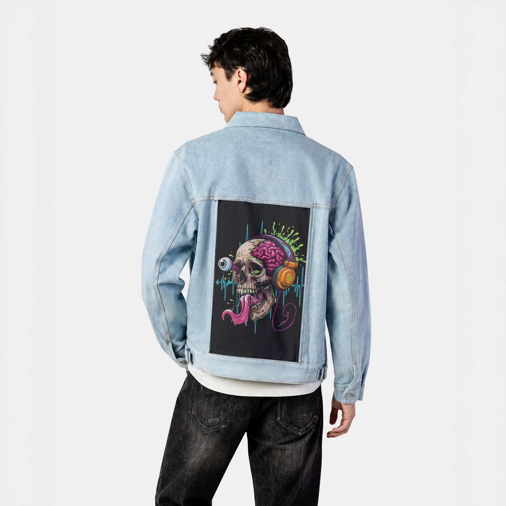 musicbeat patch on male og denim jacket in oceanside
