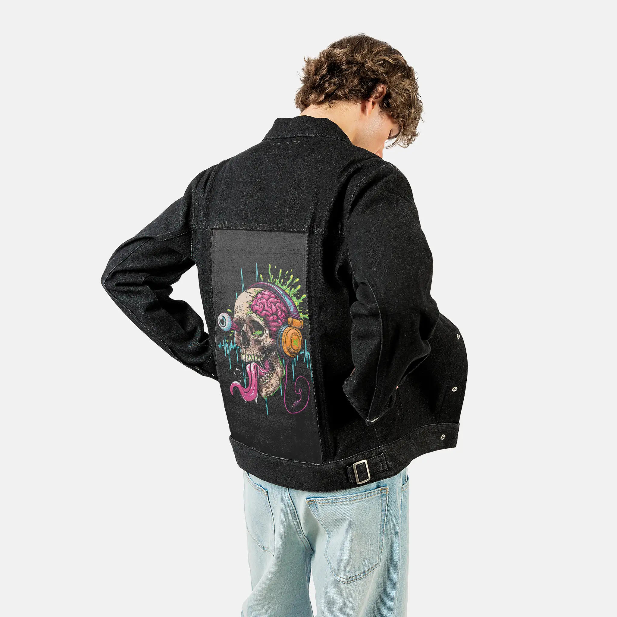 musicbeat patch on male og denim jacket in raven
