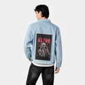 musickeepsmealive patch on male og denim jacket in oceanside
