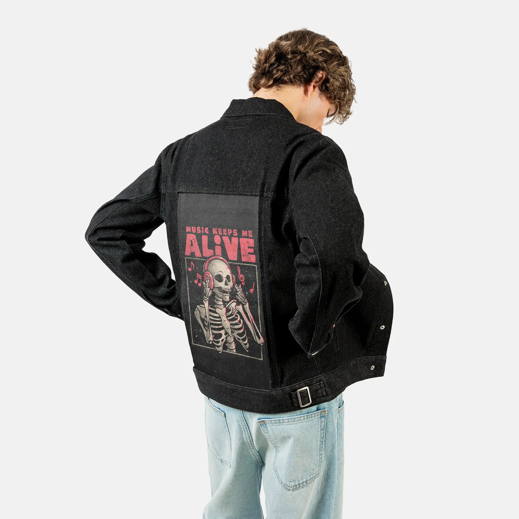 musickeepsmealive patch on male og denim jacket in raven
