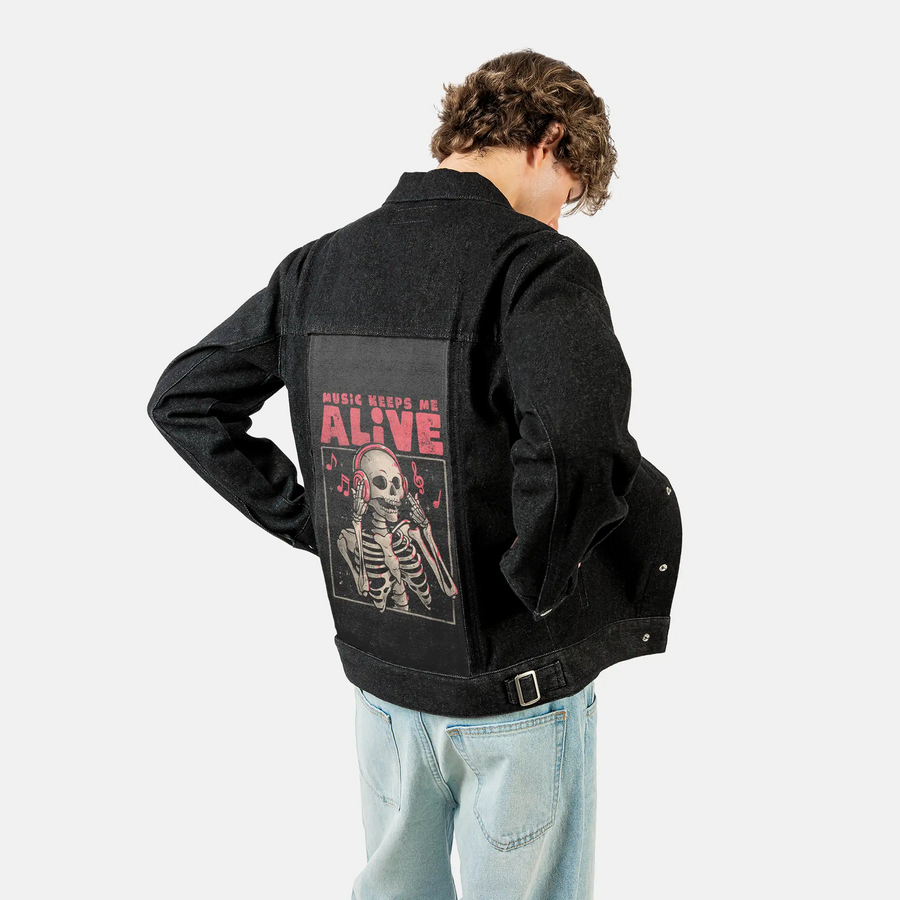musickeepsmealive patch on male og denim jacket in raven