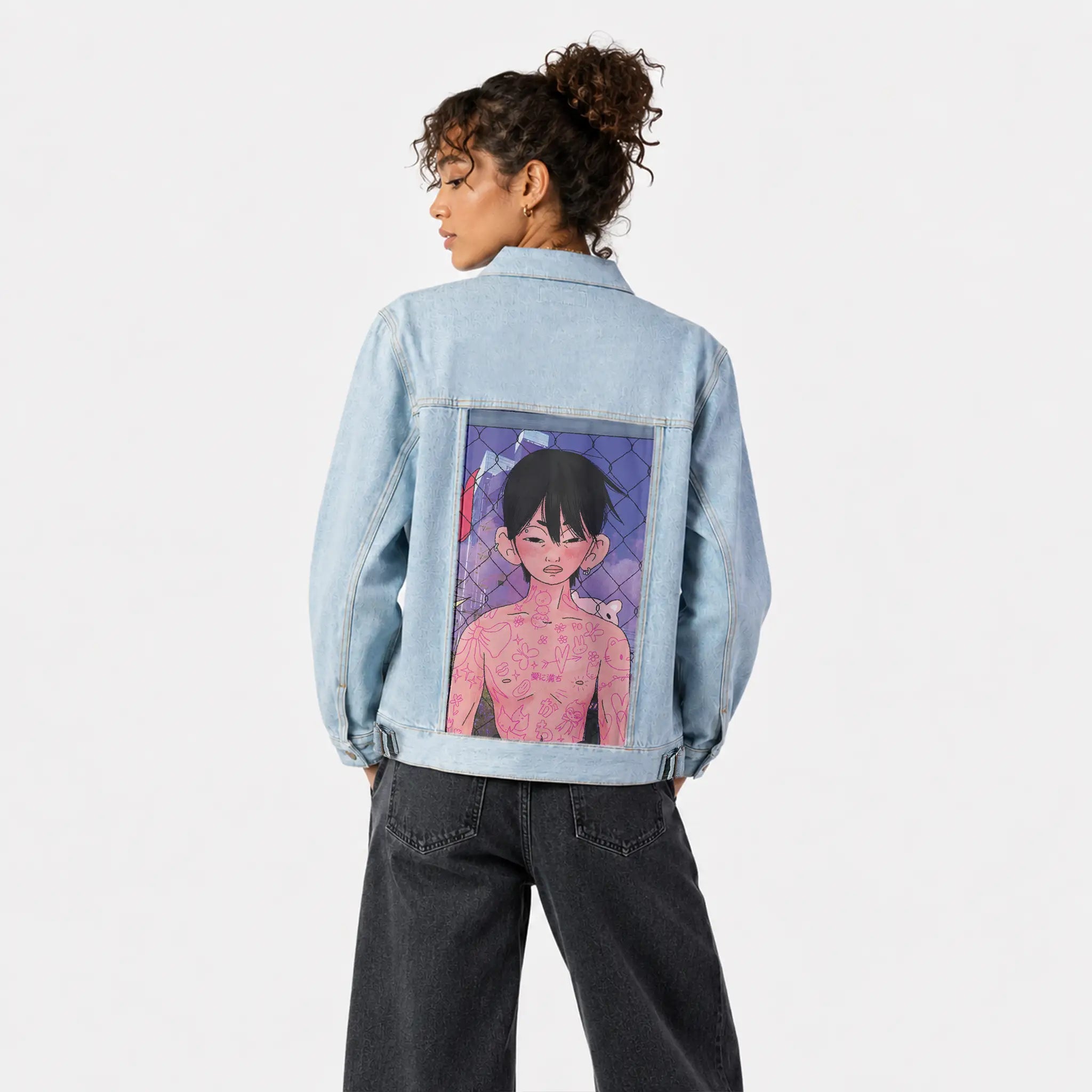 mydoodles patch on female og denim jacket in oceanside