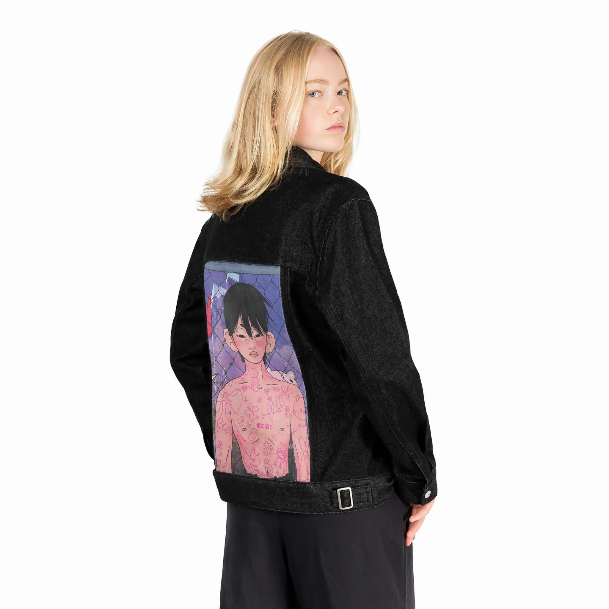 mydoodles patch on female og denim jacket in raven