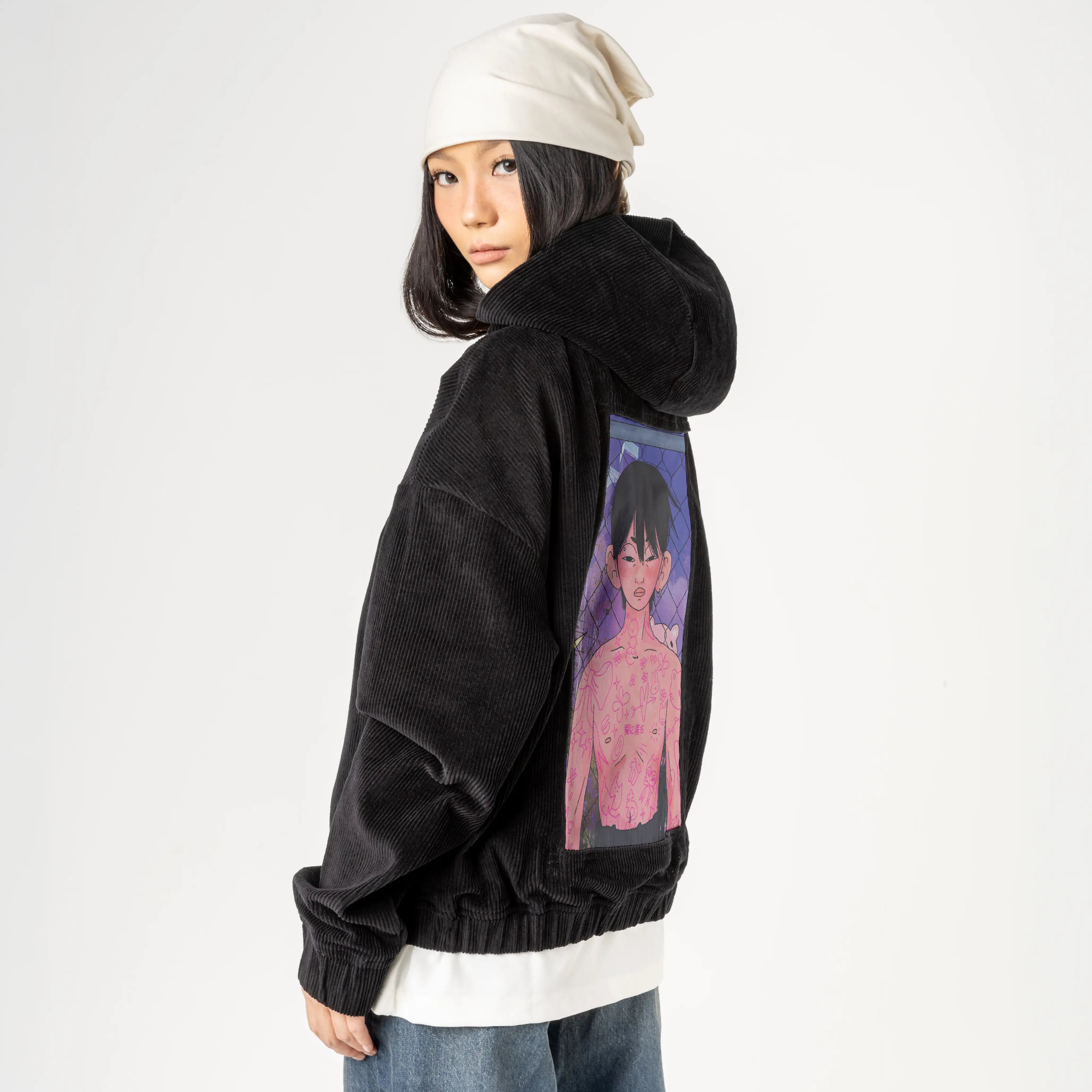 mydoodles patch on female retro cord hoodie in onyx