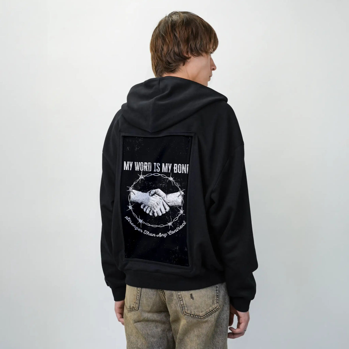 mywordismybond patch on male essential zip hoodie in after hours