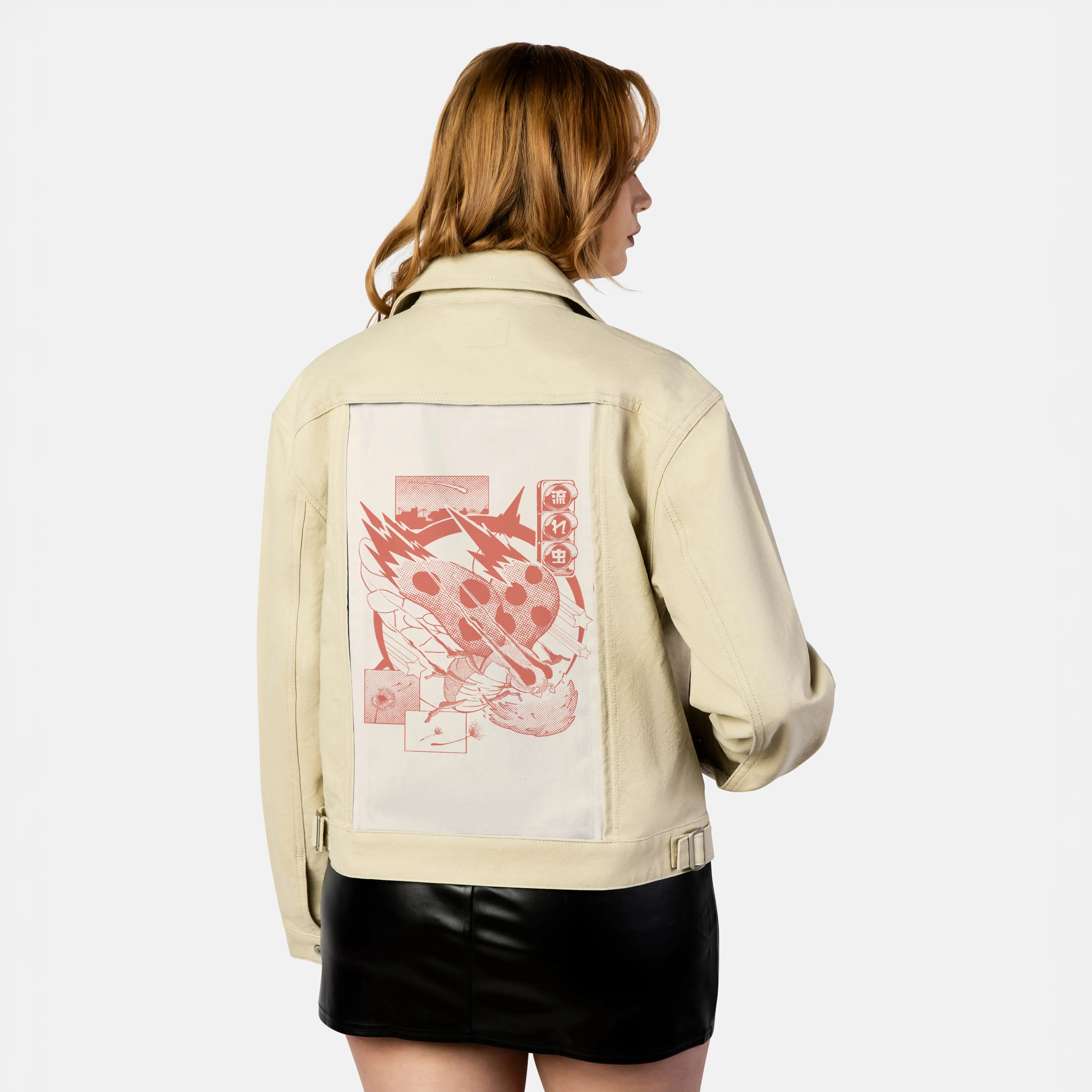 nagaremushi patch on female atelier canvas jacket in tan