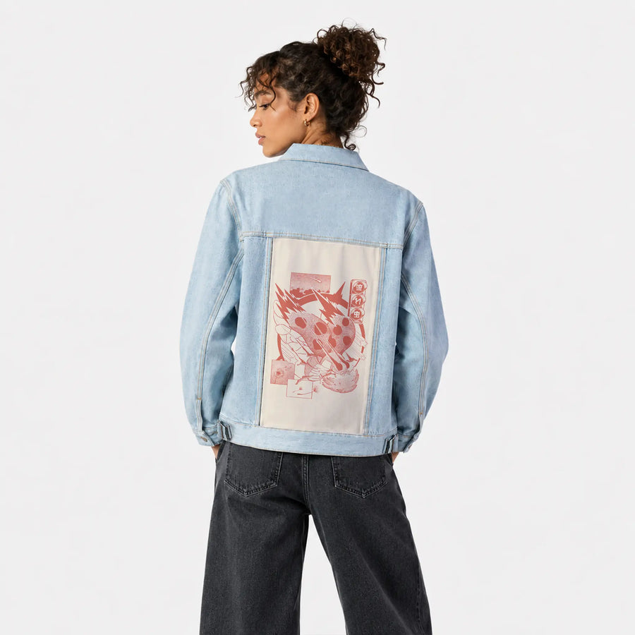 nagaremushi patch on female og denim jacket in oceanside