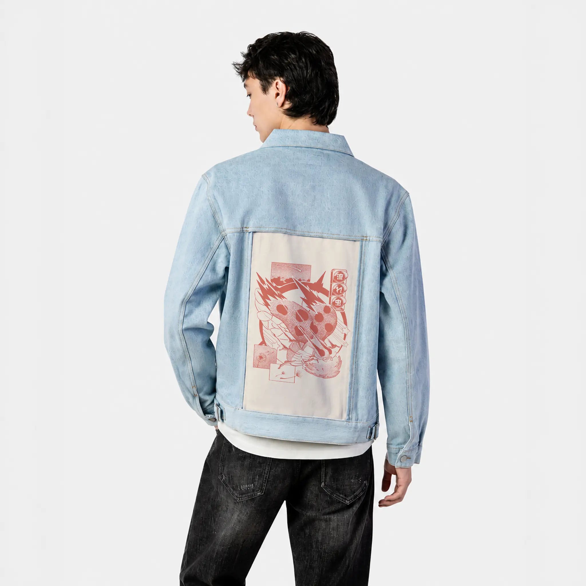 nagaremushi patch on male og denim jacket in oceanside