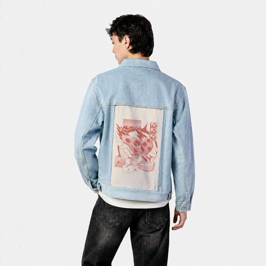 nagaremushi patch on male og denim jacket in oceanside