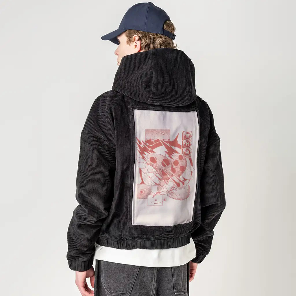 nagaremushi patch on male retro cord hoodie in onyx