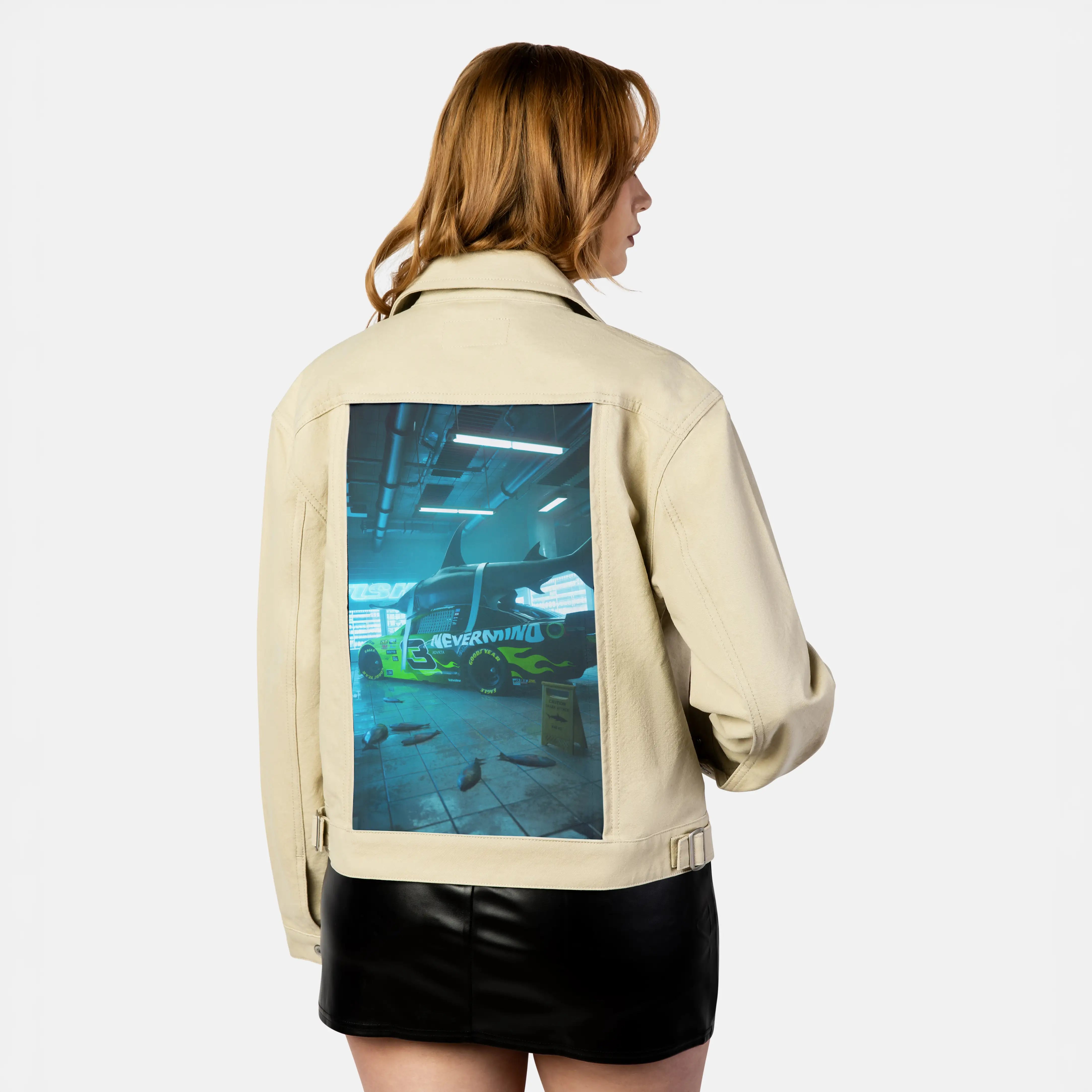 nascarshark patch on female atelier canvas jacket in tan