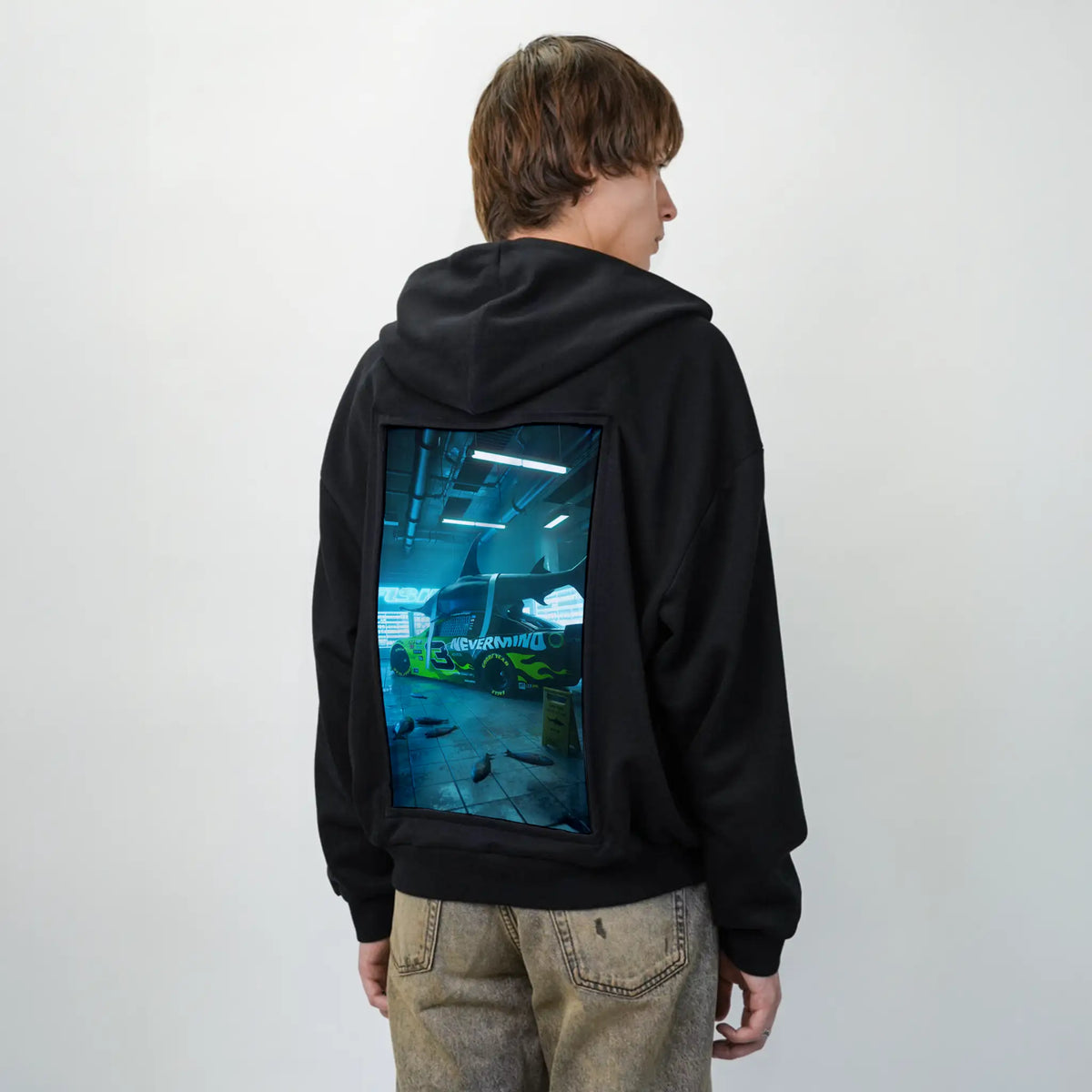 nascarshark patch on male essential zip hoodie in after hours