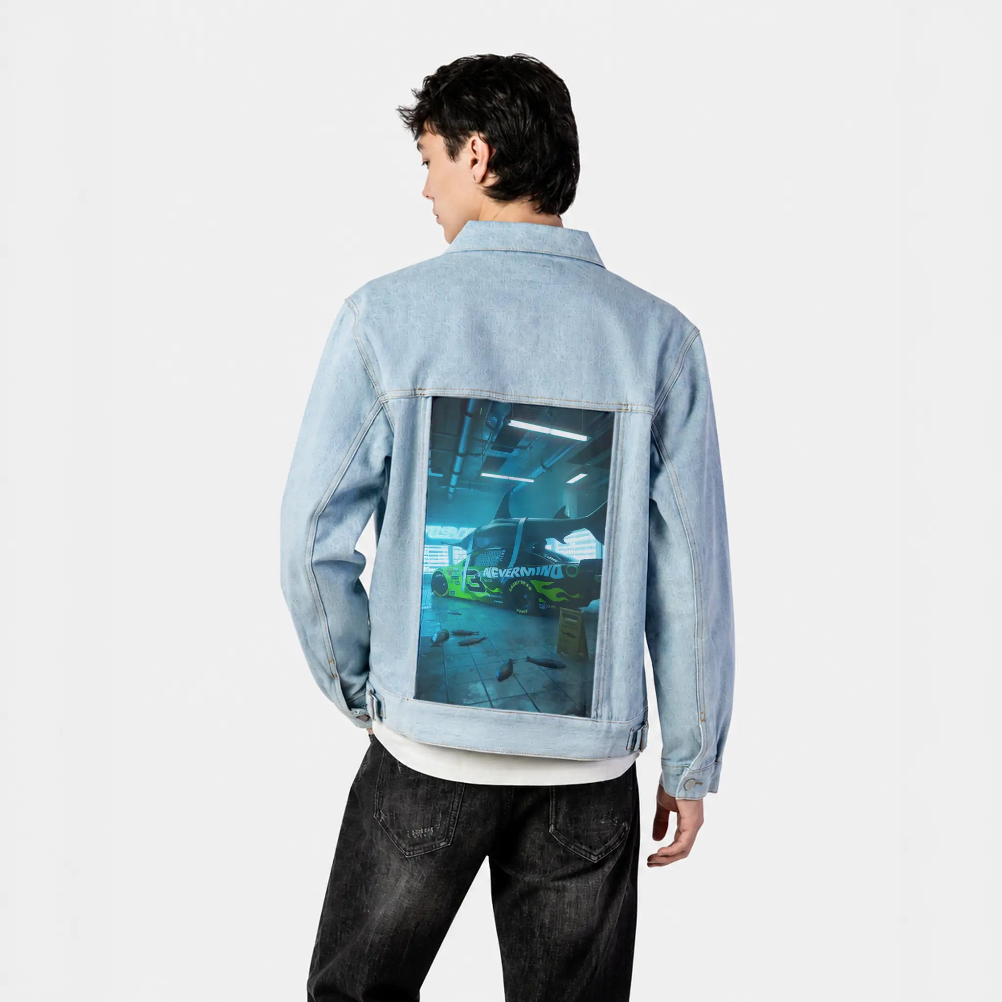 nascarshark patch on male og denim jacket in oceanside
