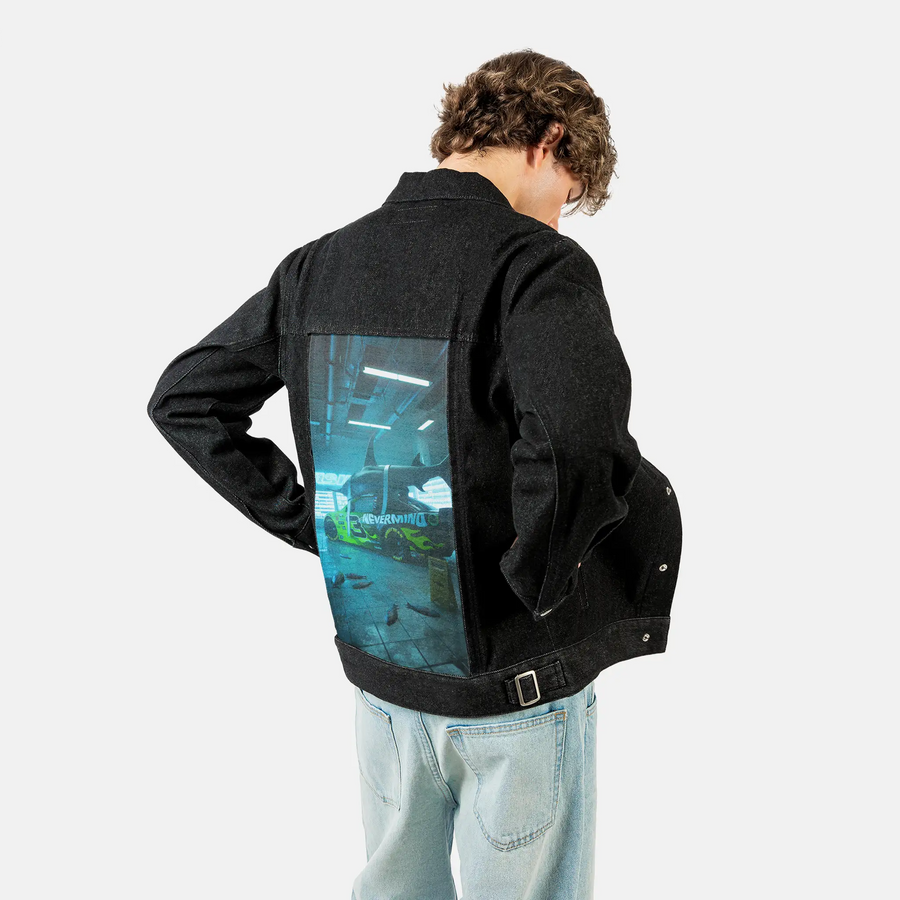 nascarshark patch on male og denim jacket in raven