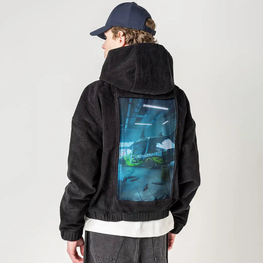 nascarshark patch on male retro cord hoodie in onyx