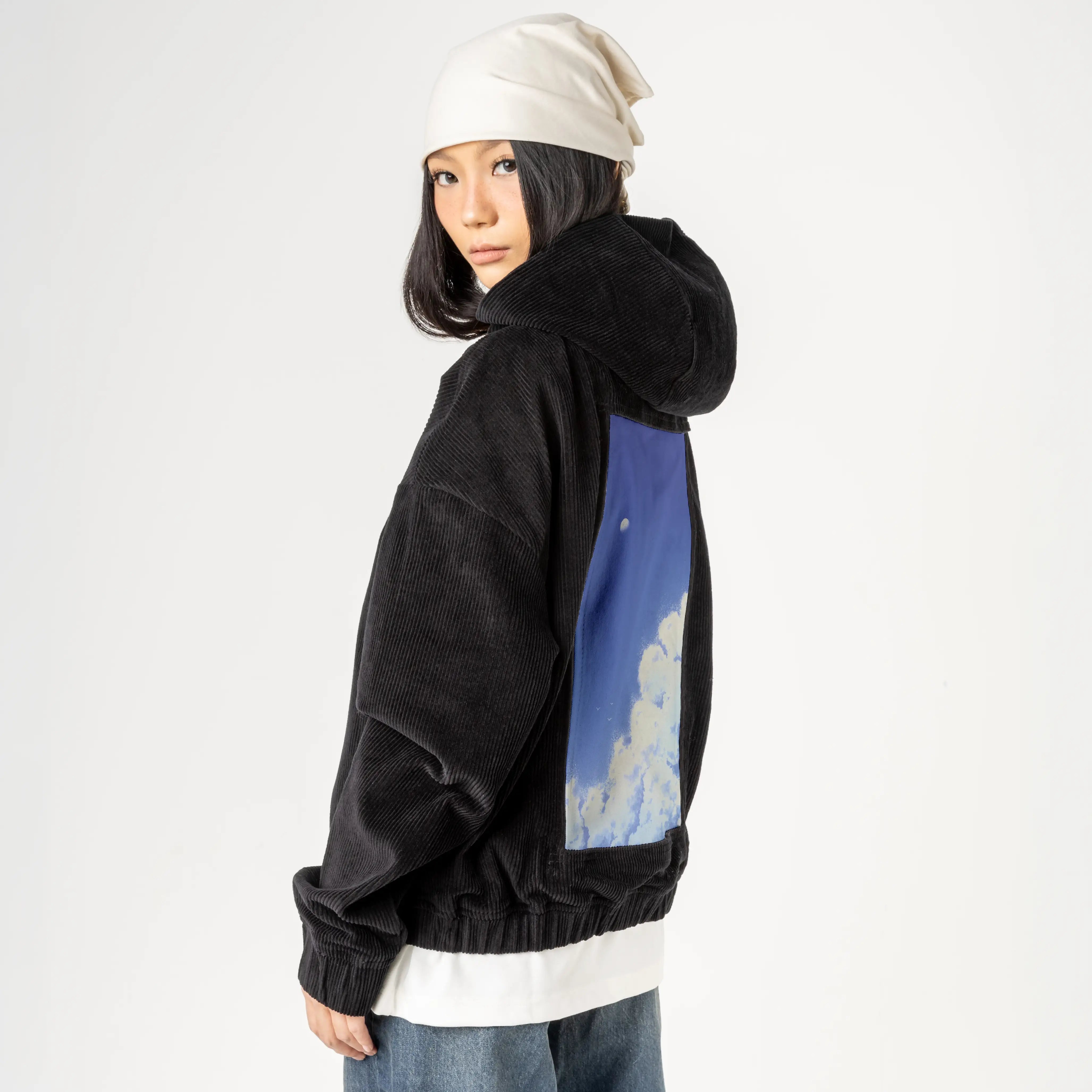 natsukumo patch on female retro cord hoodie in onyx