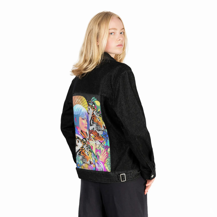naturepop patch on female og denim jacket in raven