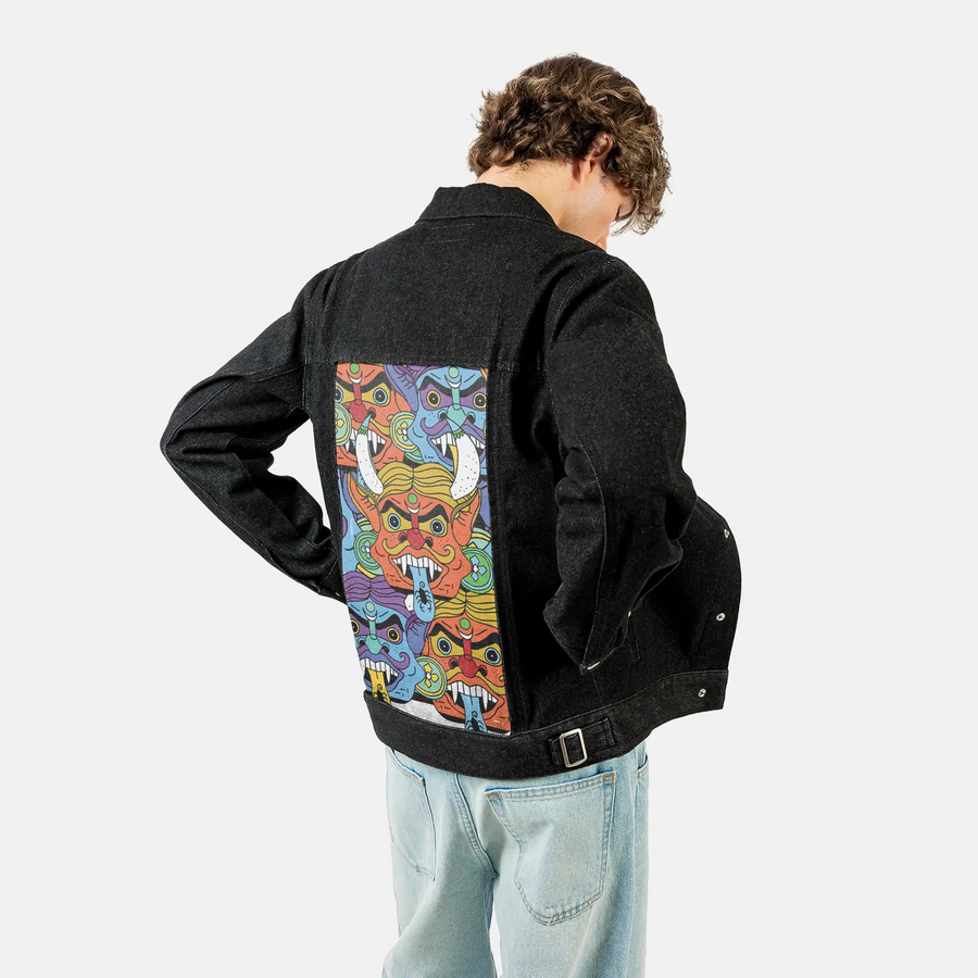 nazarbattu patch on male og denim jacket in raven