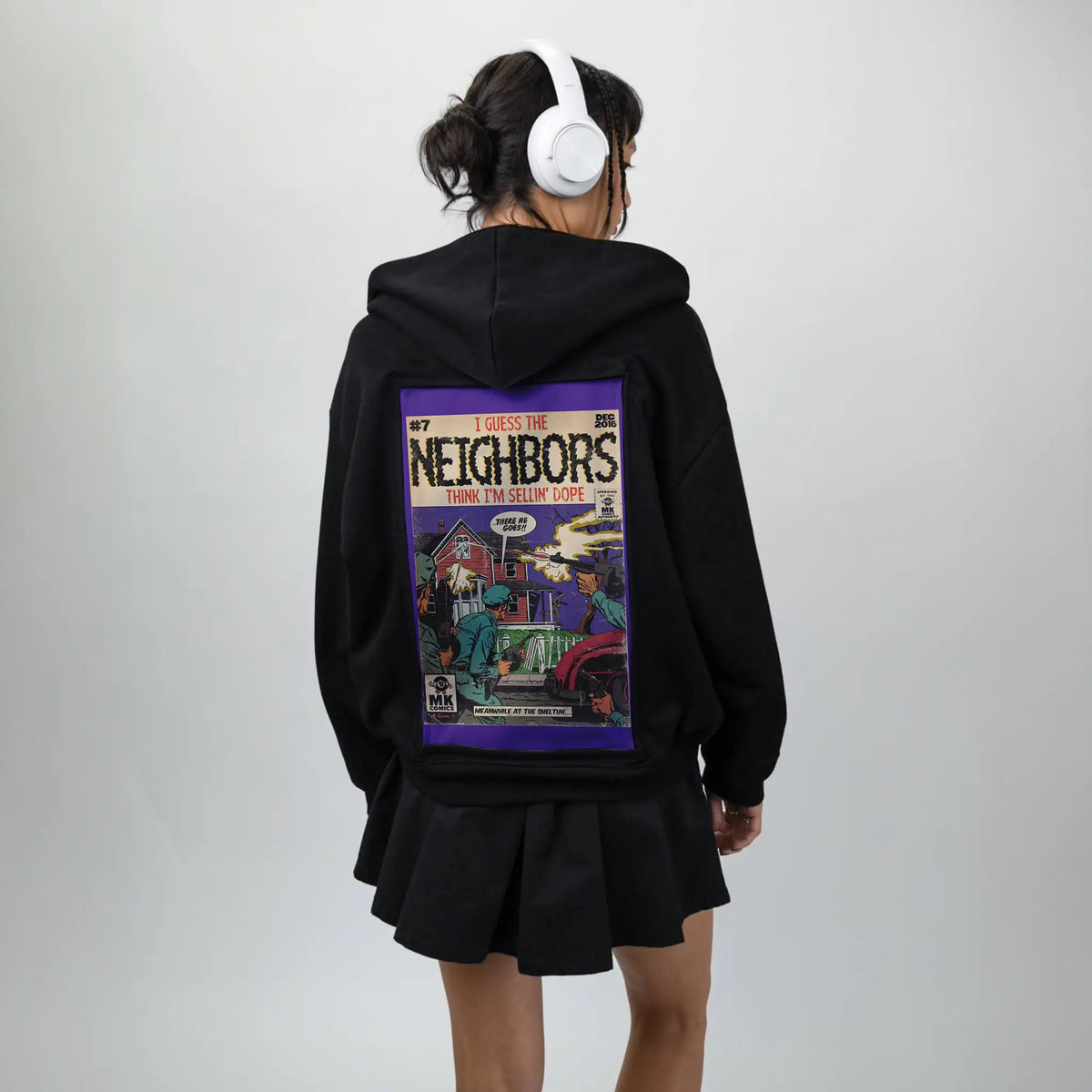 neighbors patch on female essential zip hoodie in after hours