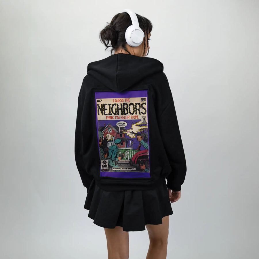 neighbors patch on female essential zip hoodie in after hours