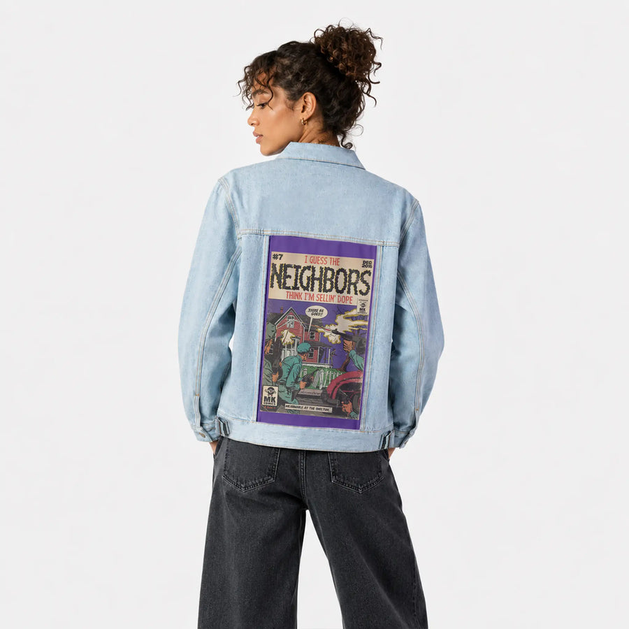 neighbors patch on female og denim jacket in oceanside