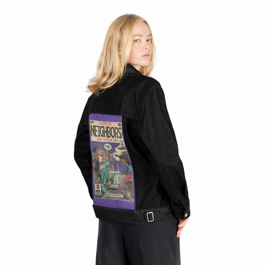 neighbors patch on female og denim jacket in raven