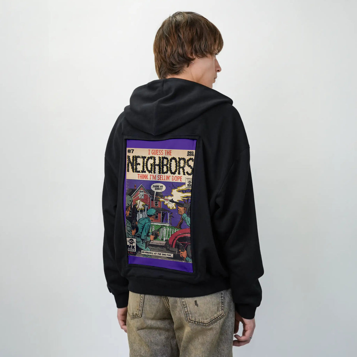 neighbors patch on male essential zip hoodie in after hours