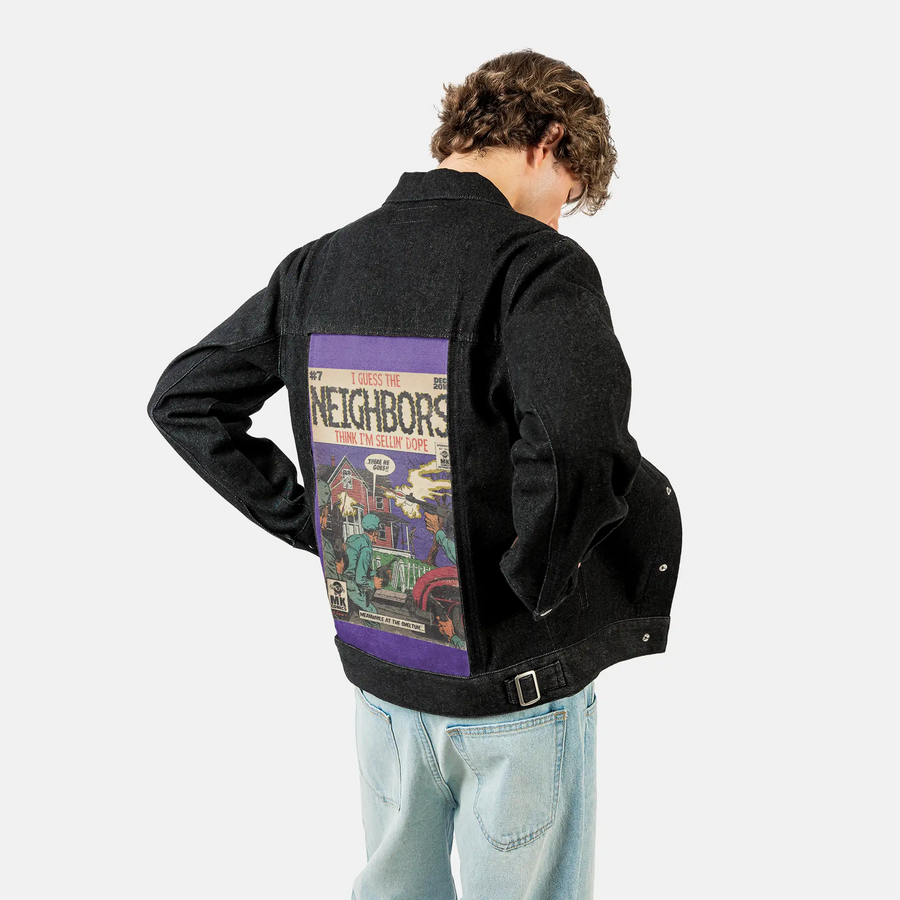 neighbors patch on male og denim jacket in raven