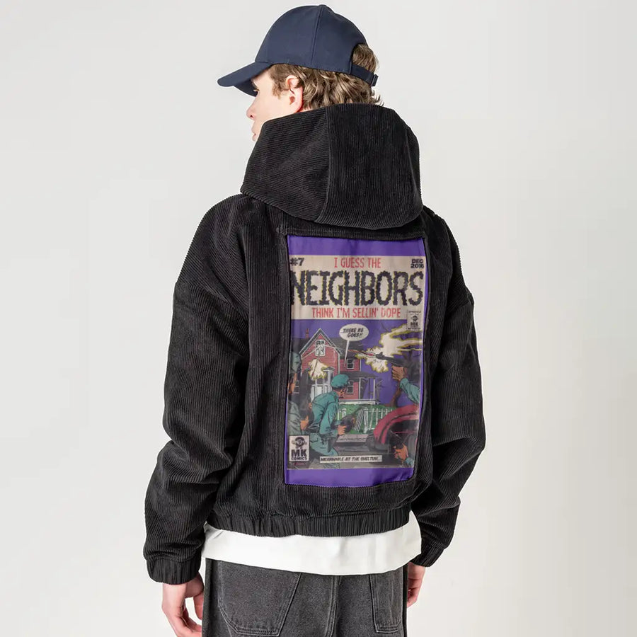 neighbors patch on male retro cord hoodie in onyx