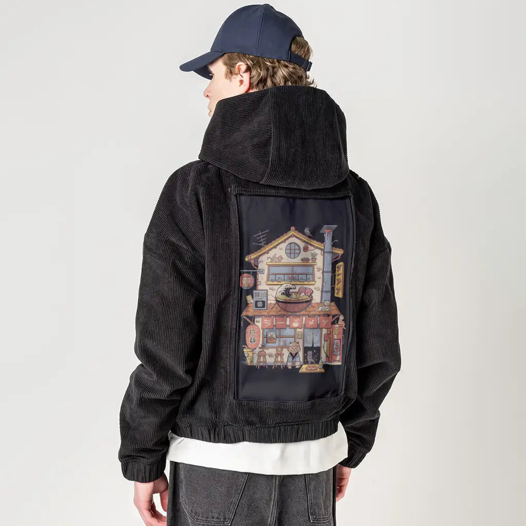 nekoramenhouse patch on male retro cord hoodie in onyx